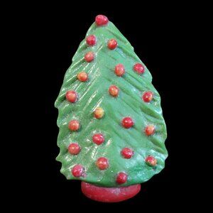 Vintage Plastic Clay Christmas Tree Brooch Pin With Red Baubles Safety Clasp 2"